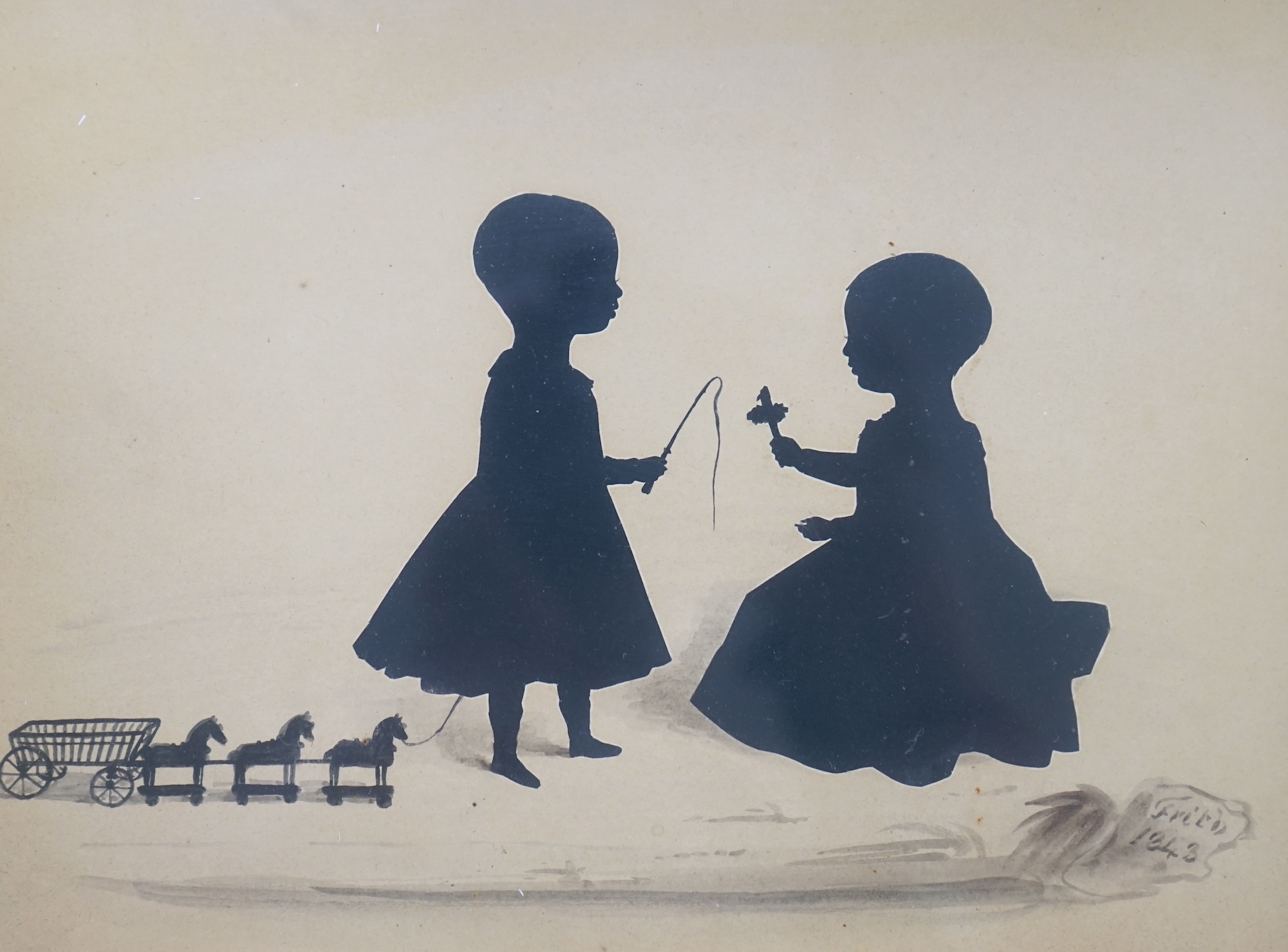 Frederick Frith (1819-1871), hand painted silhouette, Children playing with a spinning top and a toy horse drawn carriage, signed and dated 1843, 15 x 19.5cm. Condition - fair